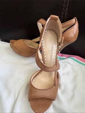 Coach Tan Leather Strappy Wedge Sandals